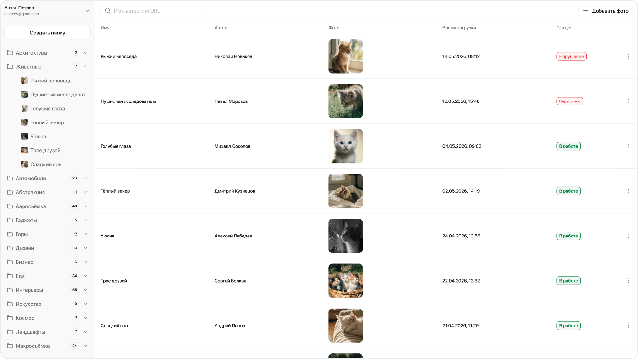 Интерфейс сервиса: список загруженных снимков со статусами нарушений
